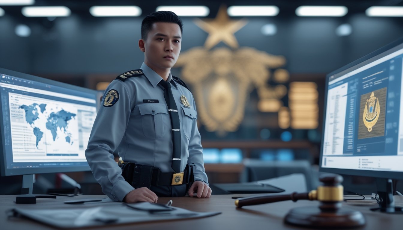 Seorang petugas kepolisian Indonesia berdiri di kantor modern dengan layar digital yang menampilkan data terkait operasi judi ilegal, di latar belakang terdapat simbol tindakan hukum seperti borgol dan palu hakim.