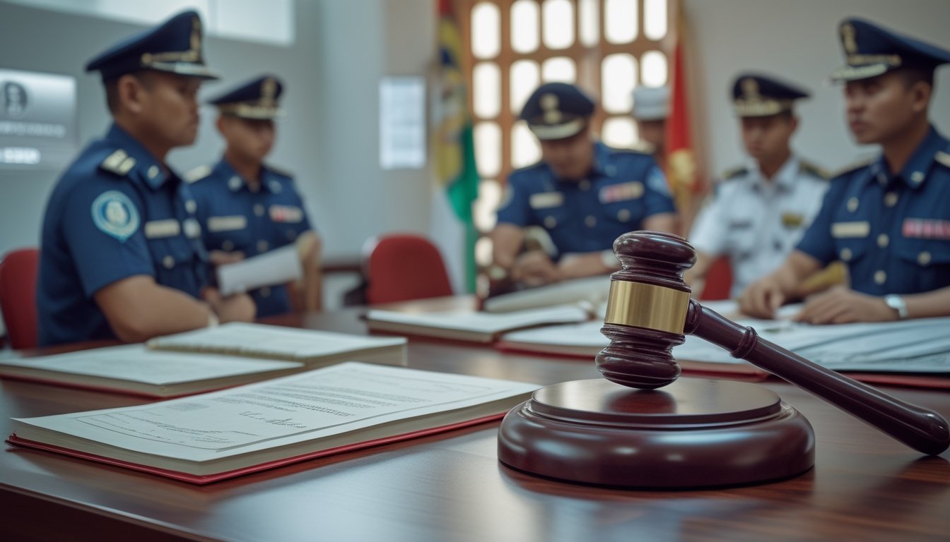 Suasana kantor hukum di Indonesia dengan petugas dan dokumen terkait perjudian bola.