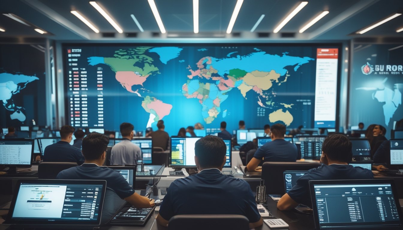 Orang-orang di kantor taruhan olahraga yang sibuk dengan layar besar menampilkan pertandingan sepak bola internasional dan grafik taruhan, menunjukkan aktivitas taruhan yang meningkat.