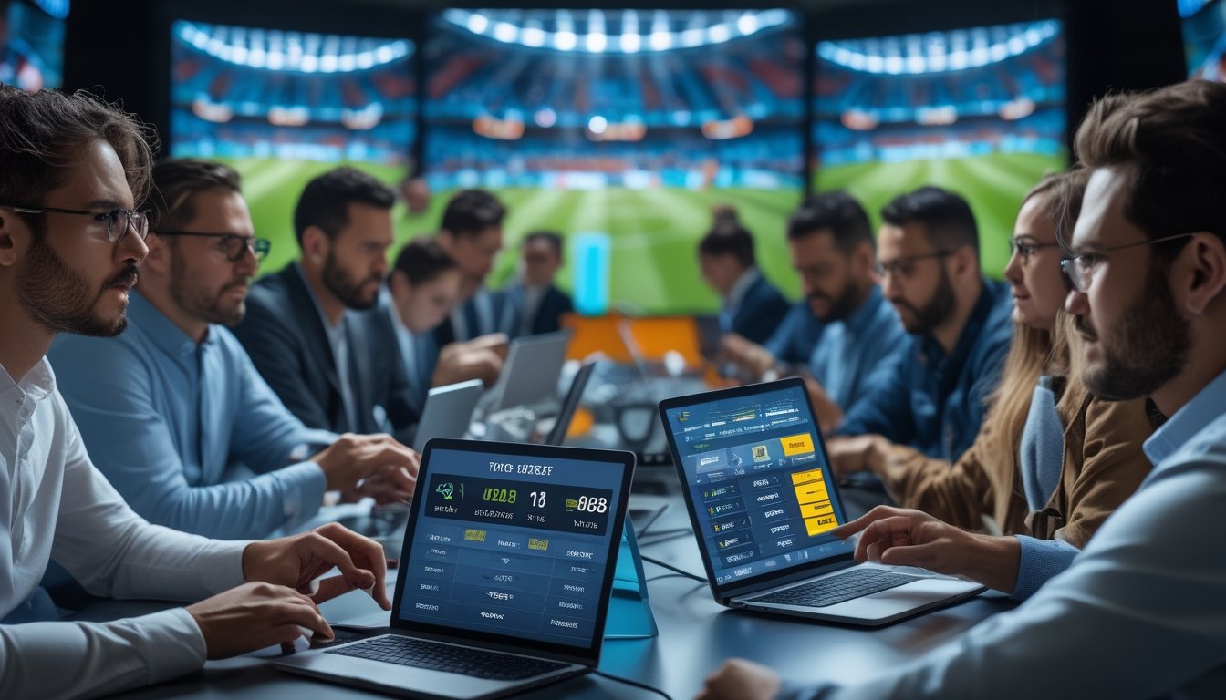 Orang-orang menggunakan perangkat digital untuk memasang taruhan selama pertandingan sepak bola internasional dengan layar besar menampilkan pertandingan langsung di latar belakang.