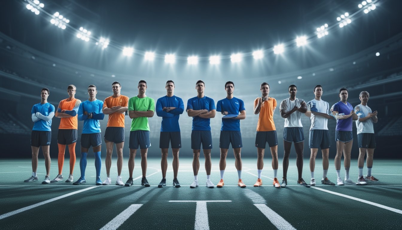 Sekelompok atlet dari berbagai cabang olahraga berdiri bersama di lapangan stadion, menunjukkan semangat sportivitas dan persatuan.
