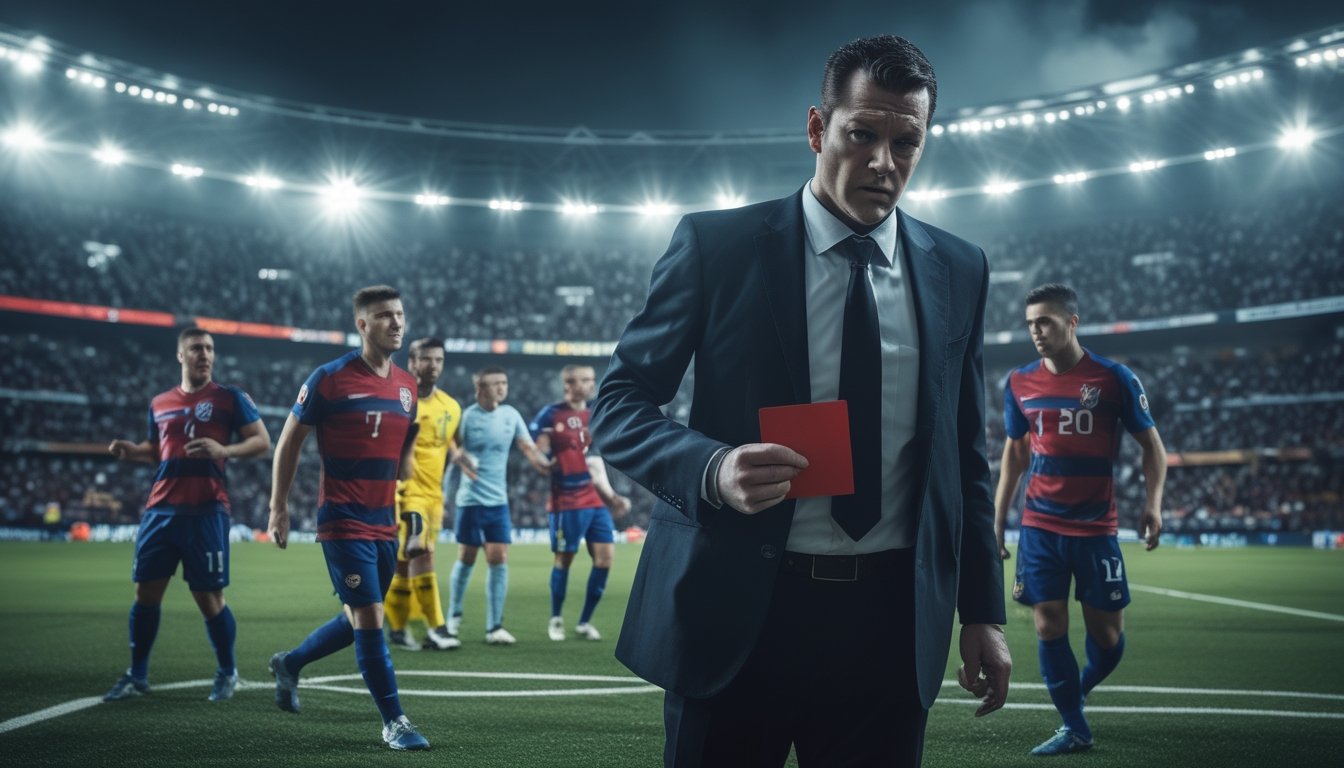 Seorang wasit di stadion sepak bola terlihat cemas memegang kartu merah, dengan pemain dan penonton yang menunjukkan ekspresi kecewa dan khawatir, sementara sosok bayangan memegang uang dan slip taruhan di latar belakang.