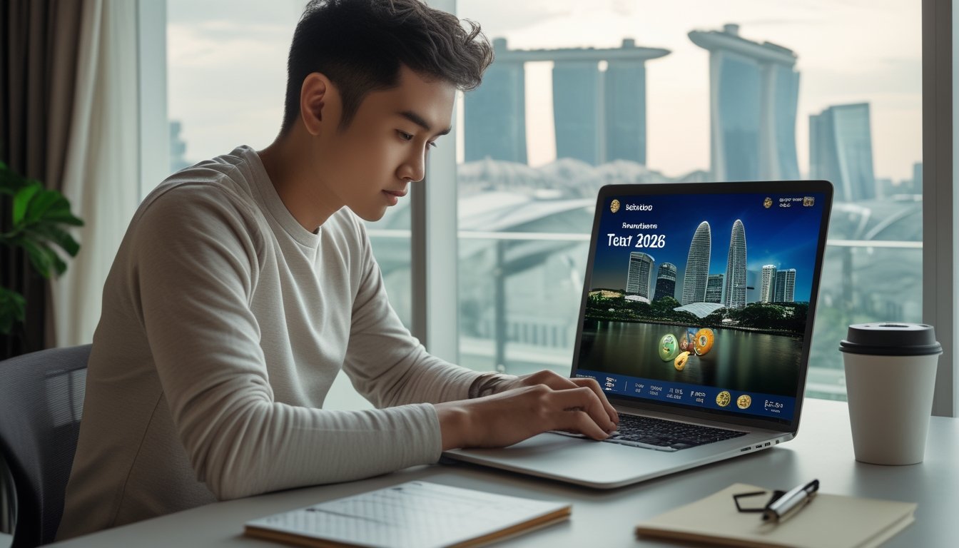 Seorang dewasa muda menggunakan laptop di ruang kerja modern dengan pemandangan kota Singapura di latar belakang.