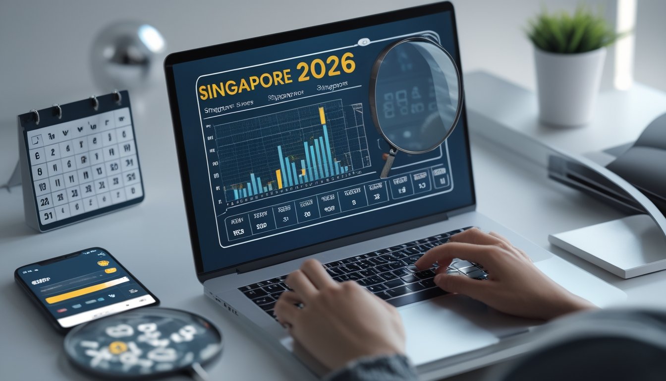Seseorang sedang bekerja di depan laptop dengan data angka dan grafik, di meja terdapat kalender digital dan ponsel dengan aplikasi togel terbuka.