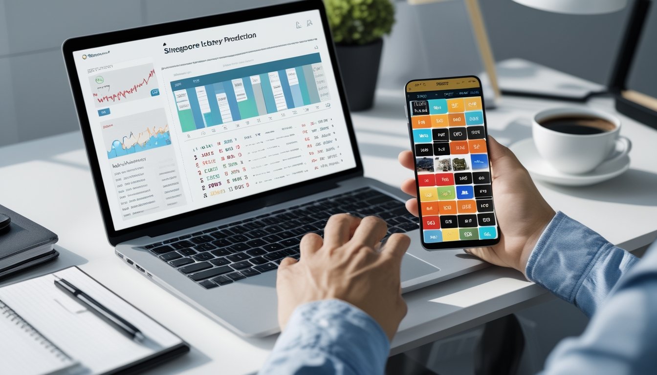 Sebuah ruang kerja modern dengan laptop dan ponsel yang menampilkan data prediksi angka togel, tangan seseorang sedang mengetik di meja yang rapi.