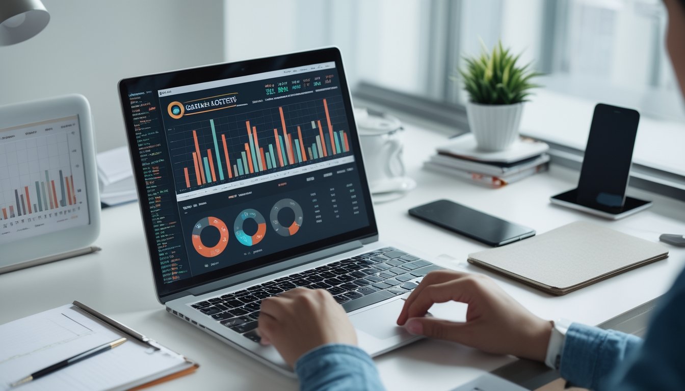 Seseorang sedang menggunakan laptop di meja kerja dengan alat tulis dan ponsel di sekitarnya, menunjukkan suasana belajar dan analisis pasar togel online.
