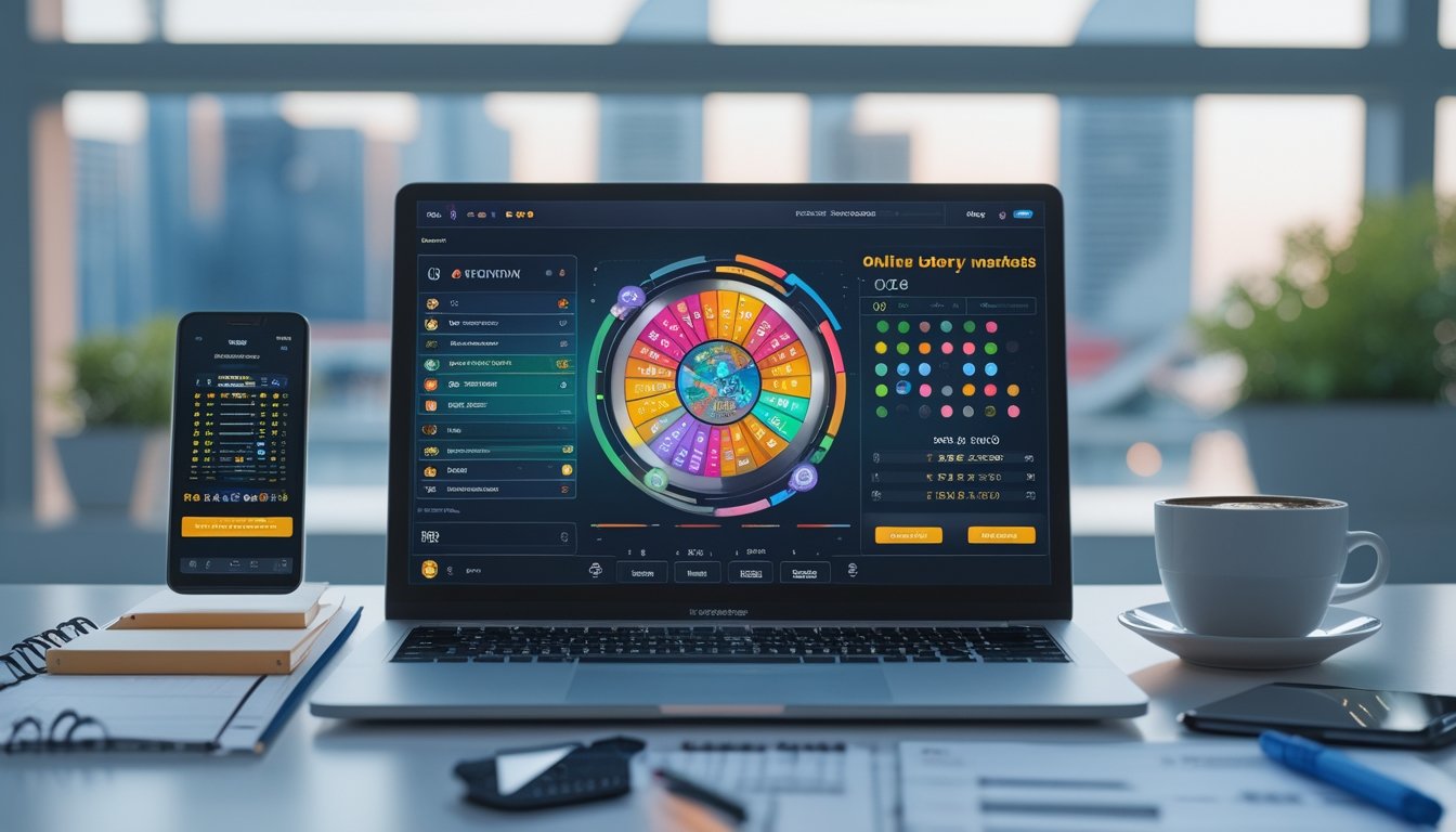 Meja kerja modern dengan laptop, ponsel, dan catatan yang menunjukkan suasana belajar tentang togel online Singapore.