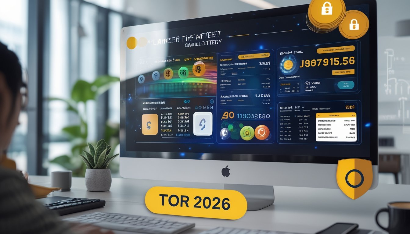 Sebuah monitor komputer menampilkan antarmuka platform lotere online dengan grafik angka dan hadiah, di ruang kantor modern yang terang dan rapi.