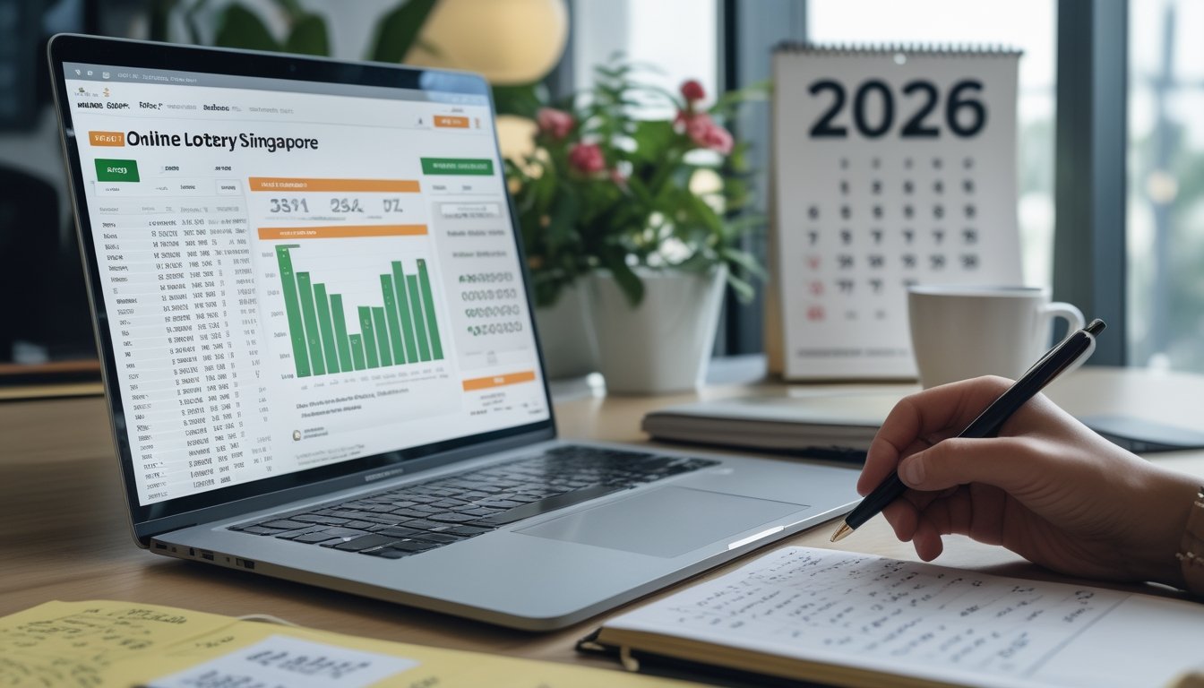 Seseorang sedang menganalisis data togel Singapore secara online di ruang kerja dengan laptop, catatan, dan secangkir kopi.