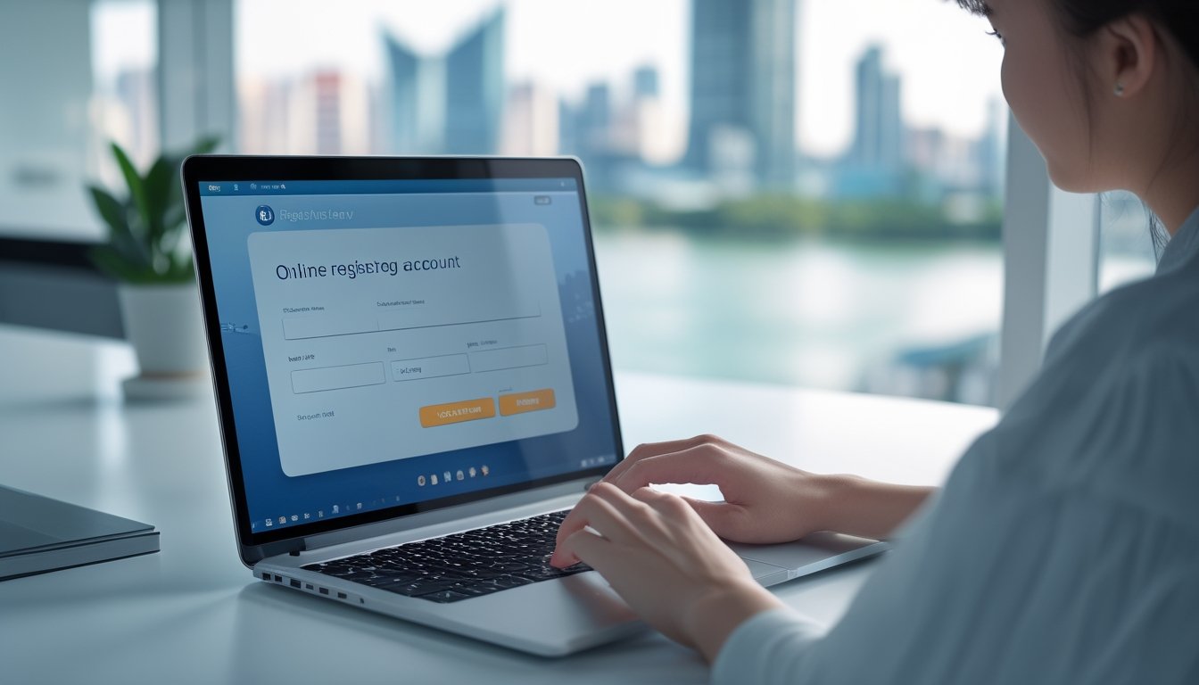 Seseorang sedang mendaftar akun togel Singapore secara online menggunakan komputer di meja kerja yang rapi.