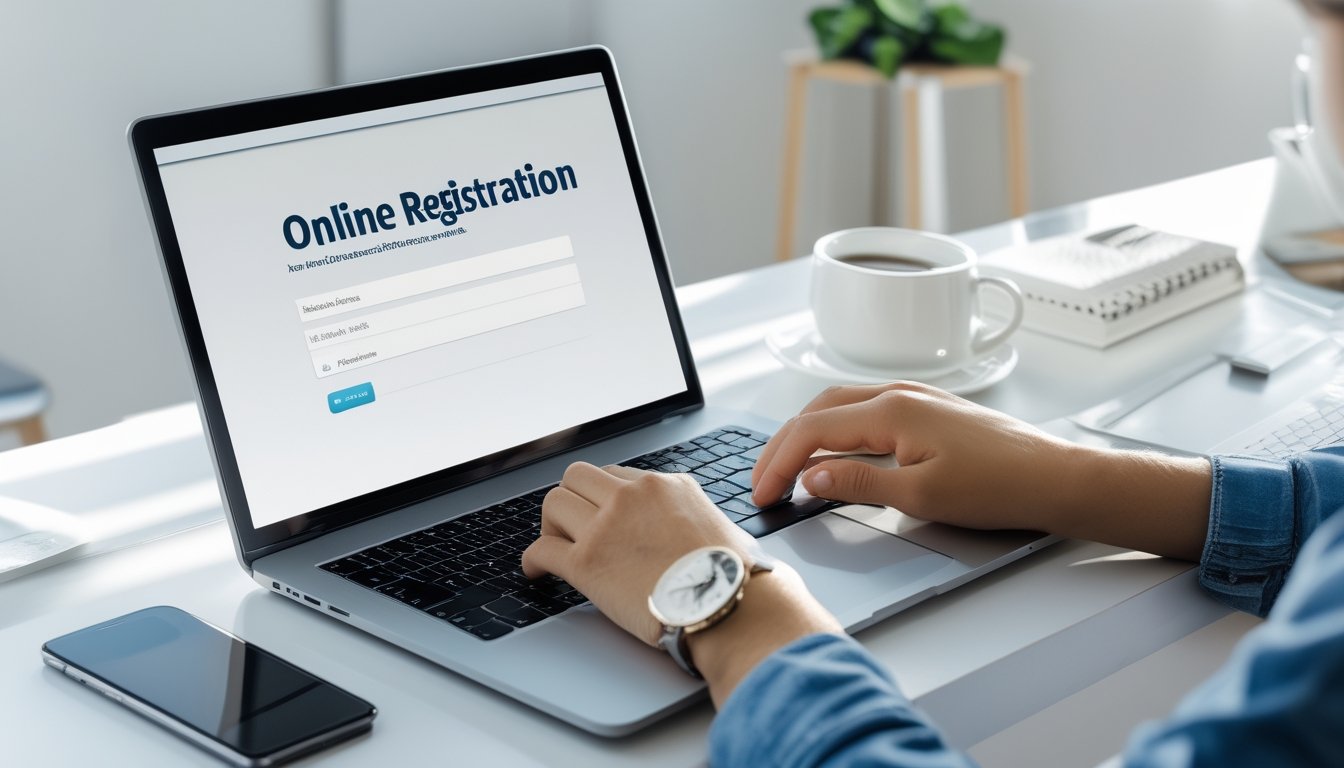 Seseorang menggunakan laptop di meja kerja yang rapi dengan ponsel dan secangkir kopi, menunjukkan proses pendaftaran akun secara online.
