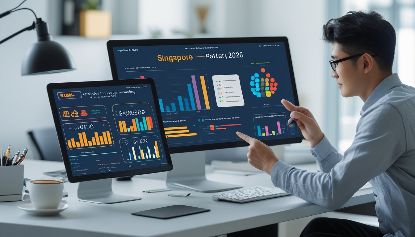Seorang pria duduk di meja kerja modern dengan laptop dan tablet yang menampilkan grafik dan data analisis pola angka lotere Singapura tahun 2026.
