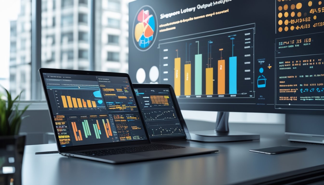 Sebuah ruang kerja modern dengan perangkat digital yang menampilkan grafik dan data analisis pola keluaran togel Singapura tahun 2026.