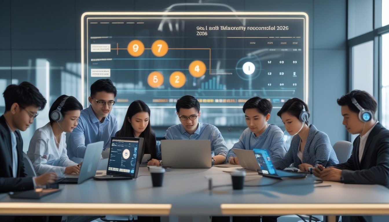 Sekelompok orang muda menggunakan perangkat digital di kantor modern dengan layar besar menampilkan grafik terkait lotere online.