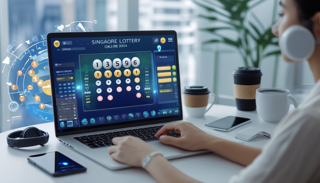 Seorang pria duduk di meja kerja modern menggunakan laptop dengan tampilan situs togel online, di sekitarnya ada ponsel dan kopi, latar belakang menunjukkan pemandangan kota dengan elemen digital.