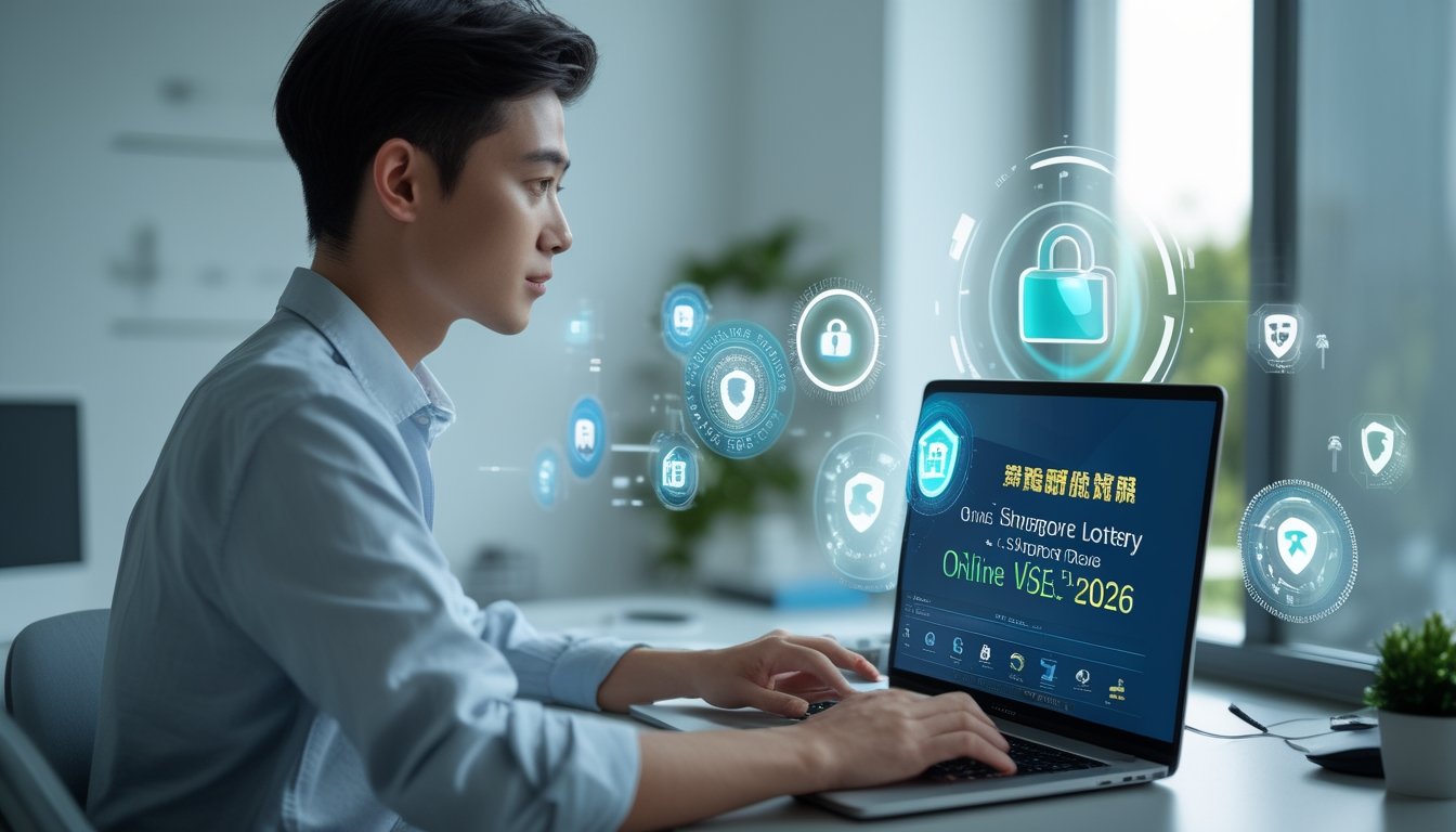 Seorang dewasa muda duduk di meja kerja modern menggunakan laptop dengan ikon keamanan digital di sekitarnya, menunjukkan keamanan dan privasi bermain togel Singapore secara online.