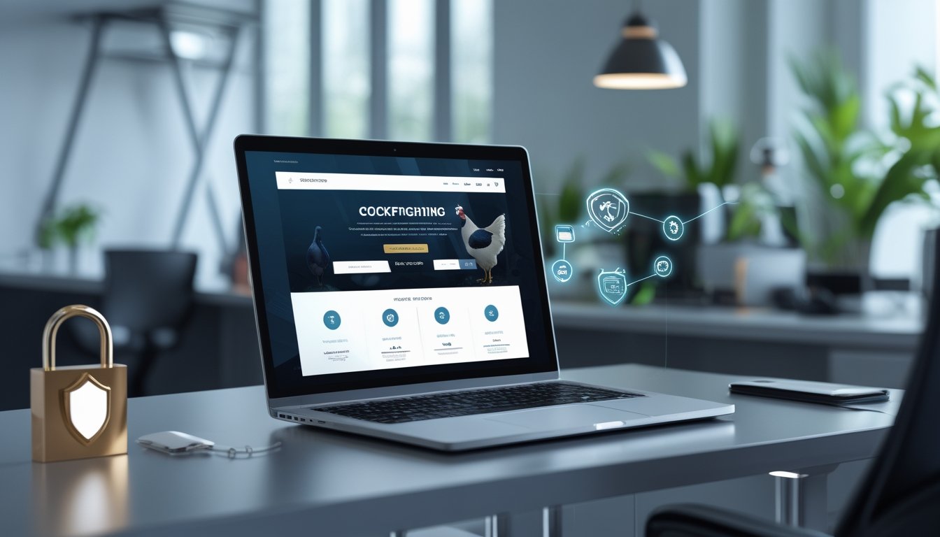 Sebuah ruang kerja modern dengan laptop yang menampilkan situs web aman, dikelilingi oleh simbol keamanan seperti gembok dan ikon perisai, di dalam ruangan kantor yang rapi dan terang.