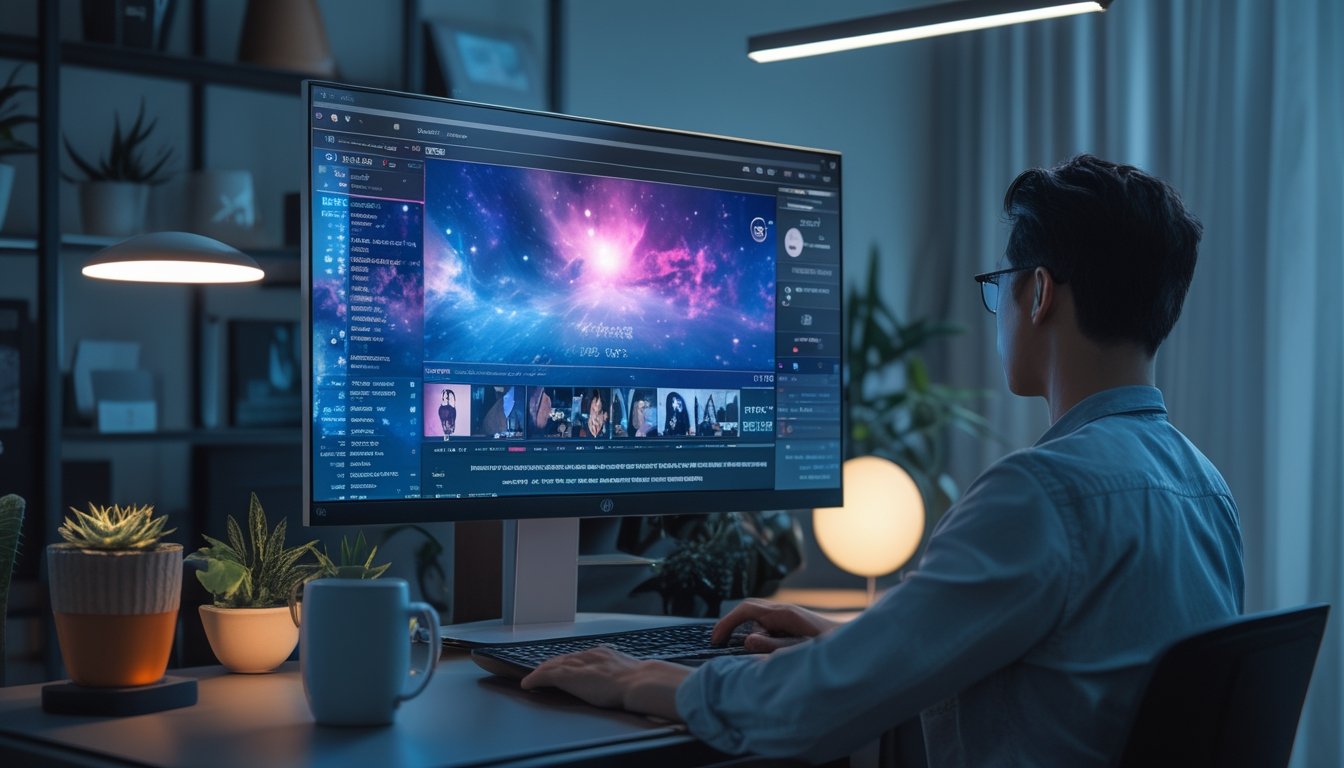 Seseorang duduk di depan komputer dengan layar menampilkan aktivitas live streaming dalam ruangan yang nyaman dan terang.