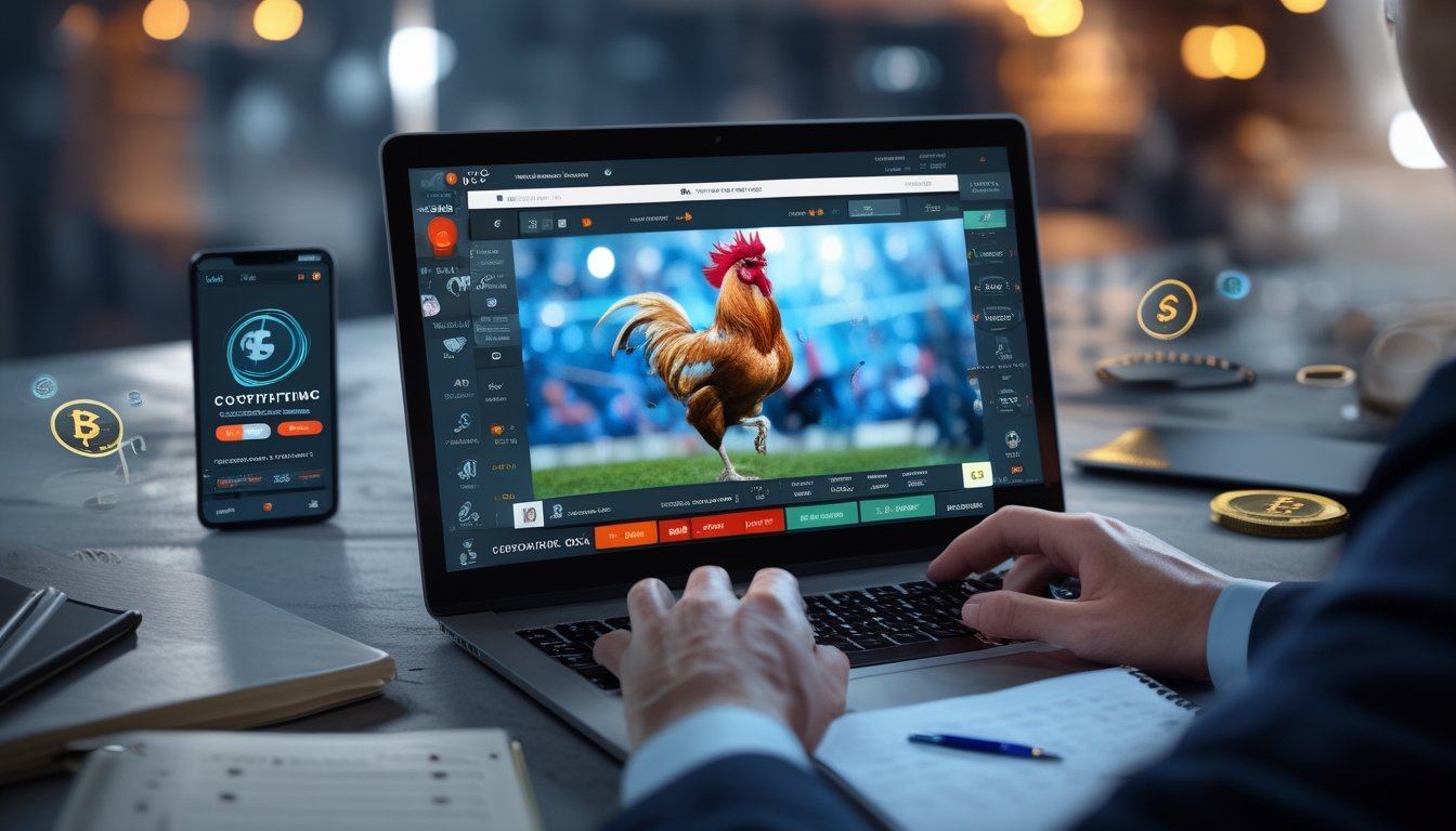 Seorang pria menggunakan laptop menonton siaran langsung sabung ayam online dengan perangkat teknologi di meja kerja.