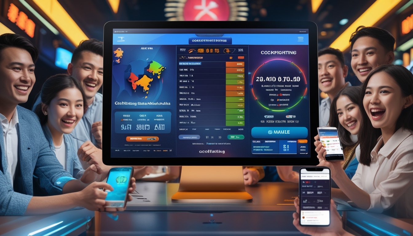 Beberapa orang muda Asia sedang menggunakan perangkat digital untuk melihat statistik dan peluang taruhan sabung ayam secara online.