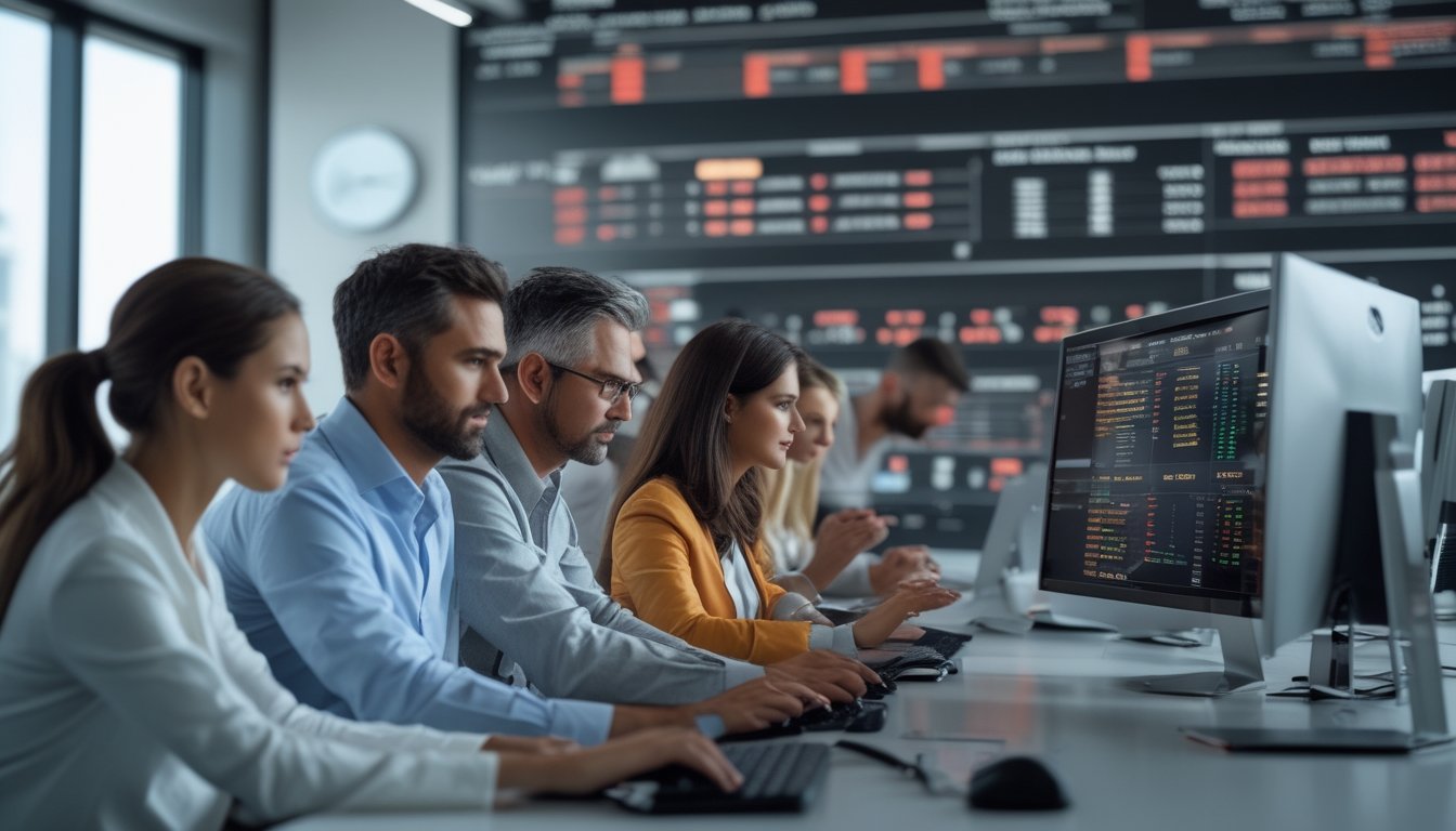 Orang-orang sedang bekerja di kantor modern dengan layar komputer menampilkan data taruhan sabung ayam.