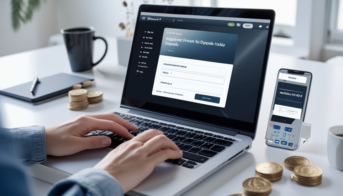 Seseorang sedang mendaftar akun di laptop dengan layar formulir pendaftaran dan smartphone yang menunjukkan transaksi deposit, di meja kerja yang rapi.