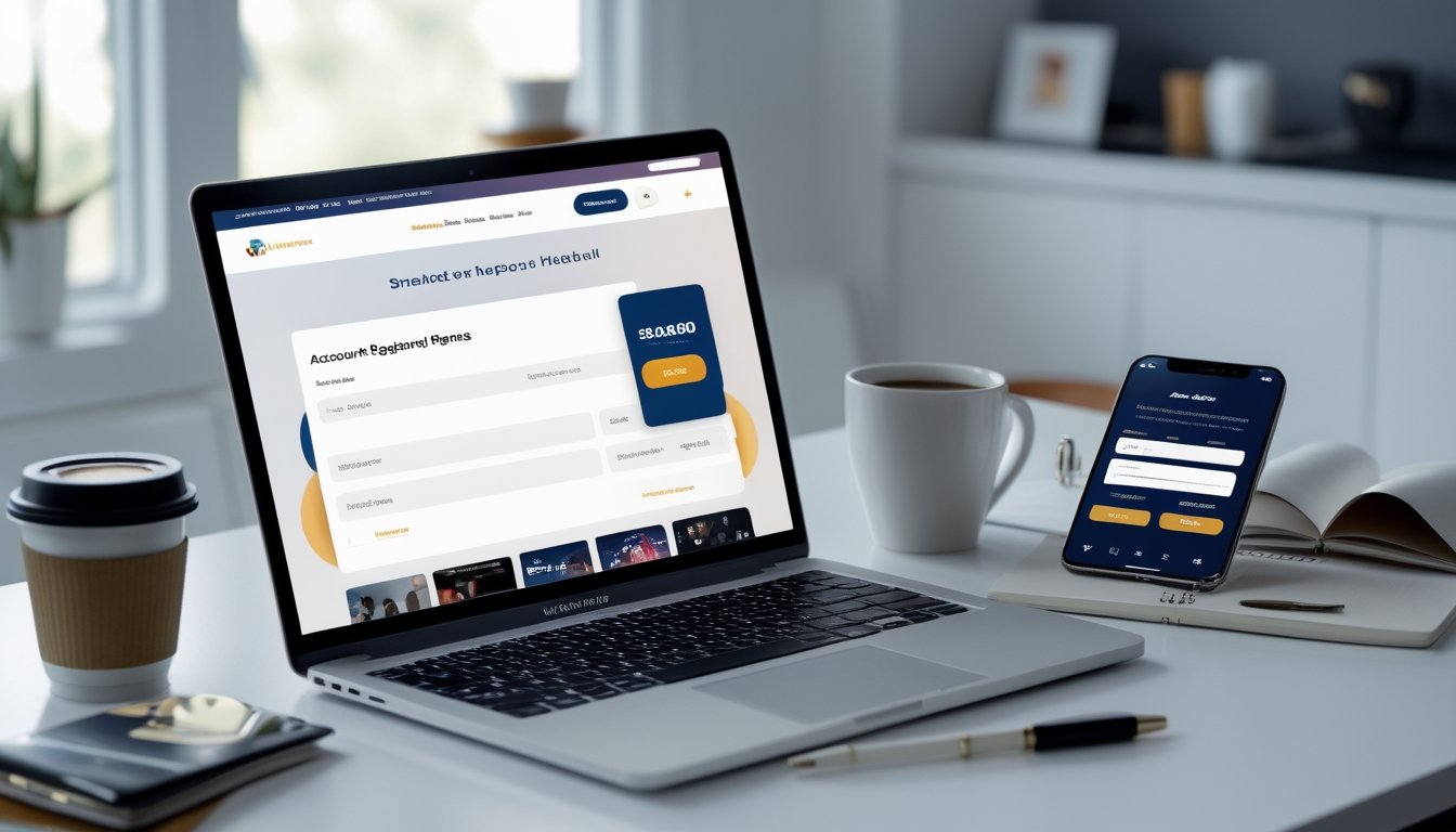 Meja kerja dengan laptop dan ponsel yang menampilkan halaman pendaftaran akun di situs taruhan online, dengan suasana yang rapi dan terang.
