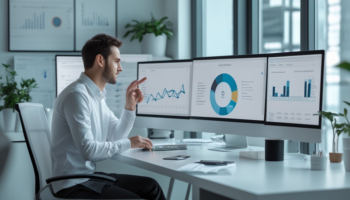 Seorang profesional sedang menganalisis data di depan beberapa layar komputer di ruang kerja modern yang terang.