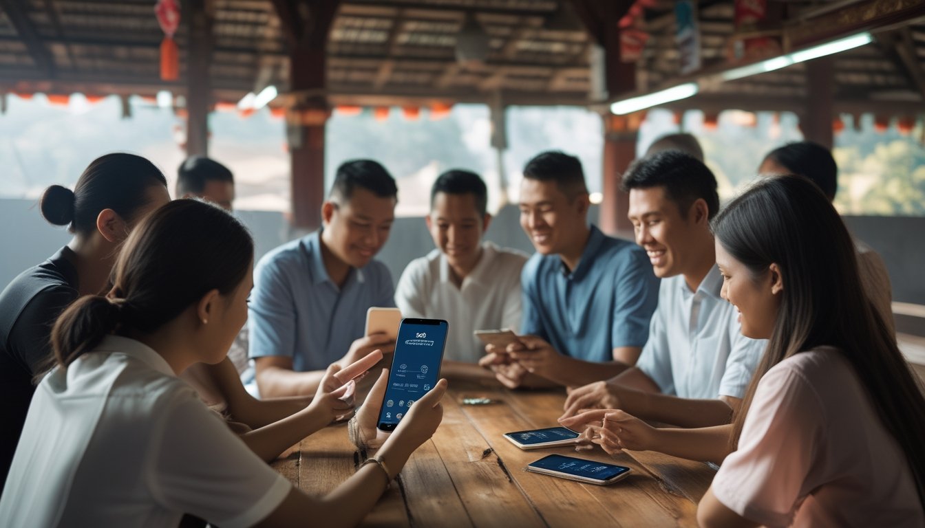 Orang-orang melakukan transaksi digital cepat menggunakan dompet digital di sebuah tempat yang terkait dengan sabung ayam.