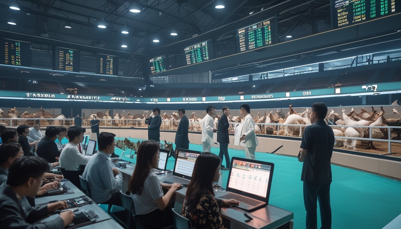 Orang-orang sedang mengamati pertandingan sabung ayam di arena taruhan yang modern dan ramai.