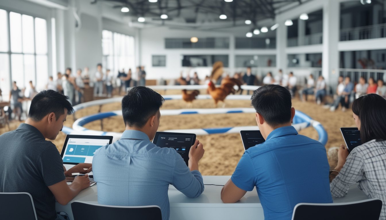Suasana arena sabung ayam modern dengan orang-orang yang sedang bertaruh dan dua ayam aduan sedang bertarung di tengah arena.