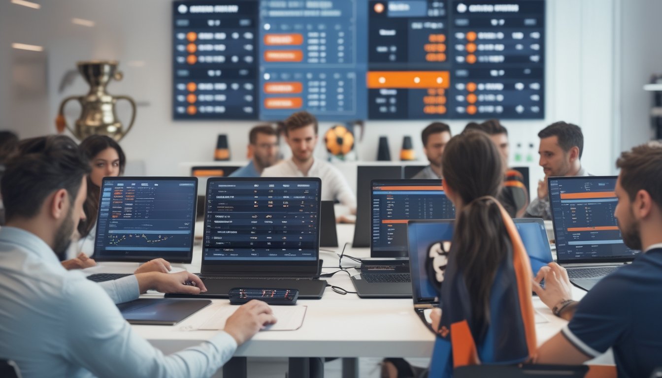 Orang-orang sedang menganalisis peluang taruhan sepak bola di ruang modern dengan layar digital besar dan perangkat elektronik.