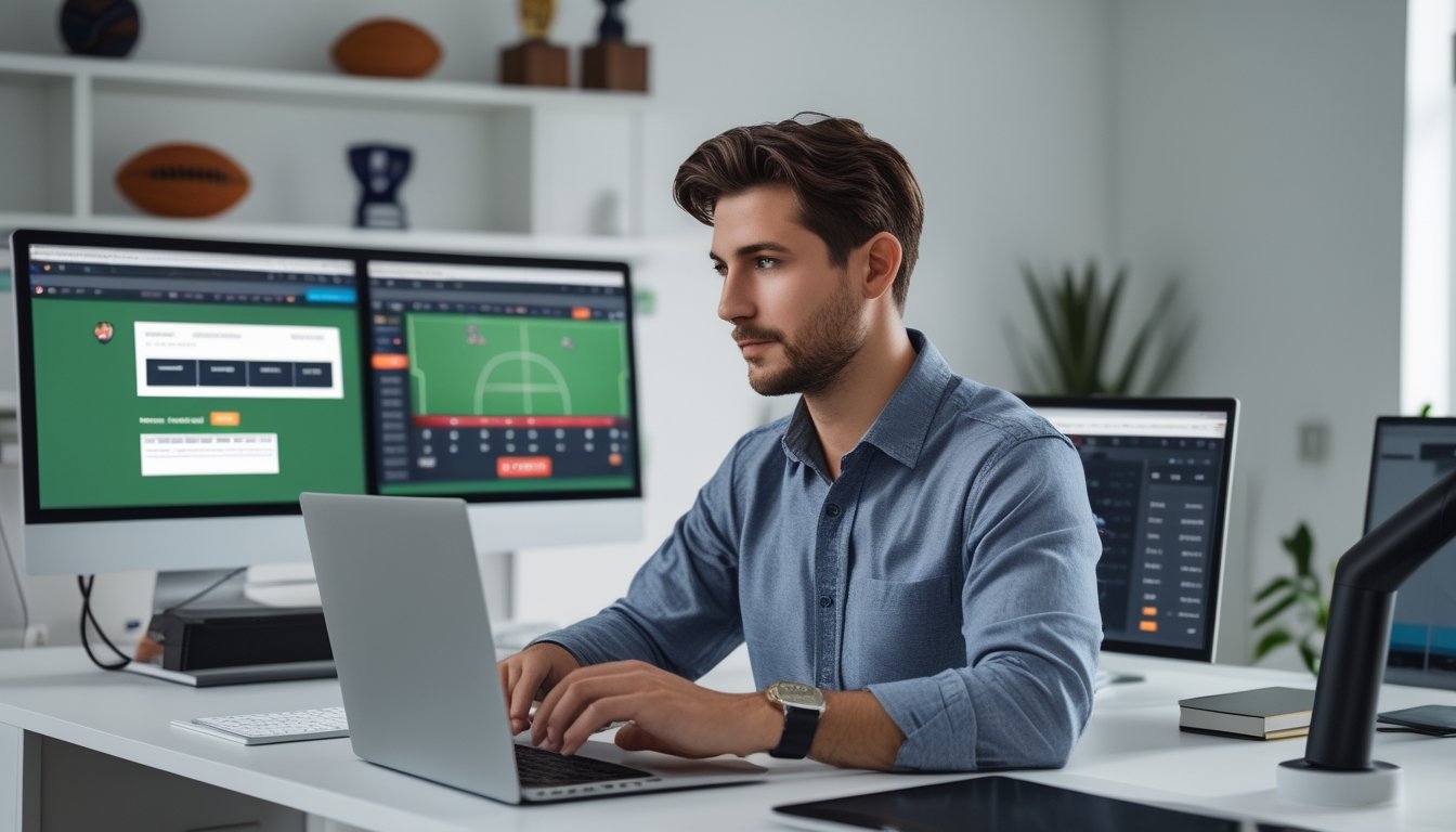 Seorang pria muda duduk di meja dengan beberapa layar komputer yang menampilkan data taruhan bola online, menggunakan laptop dan ponsel di ruang kerja rumah.
