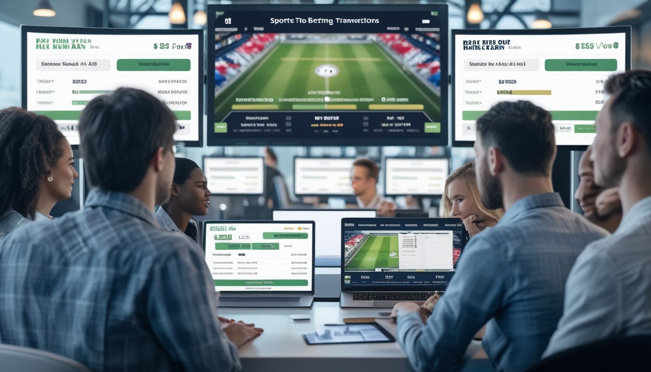Sekelompok orang menggunakan perangkat digital untuk memasang taruhan bola secara online di sebuah ruangan modern dengan layar besar yang menampilkan pertandingan sepak bola.