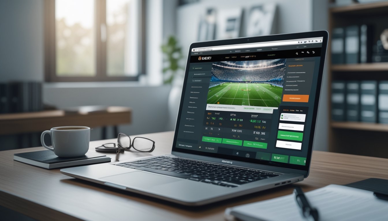 Seorang pria sedang menggunakan laptop dan ponsel di meja kerja dengan tampilan situs taruhan bola dan aplikasi dompet digital.