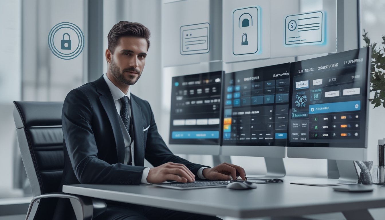 Seorang pria duduk di meja modern dengan beberapa monitor menampilkan data taruhan olahraga dan simbol keamanan, menggambarkan lingkungan taruhan yang aman dan bertanggung jawab.