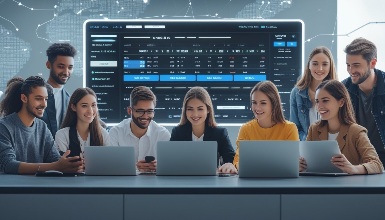 Sekelompok orang muda yang percaya diri menggunakan perangkat digital untuk melihat statistik dan skor olahraga secara global dalam suasana profesional.