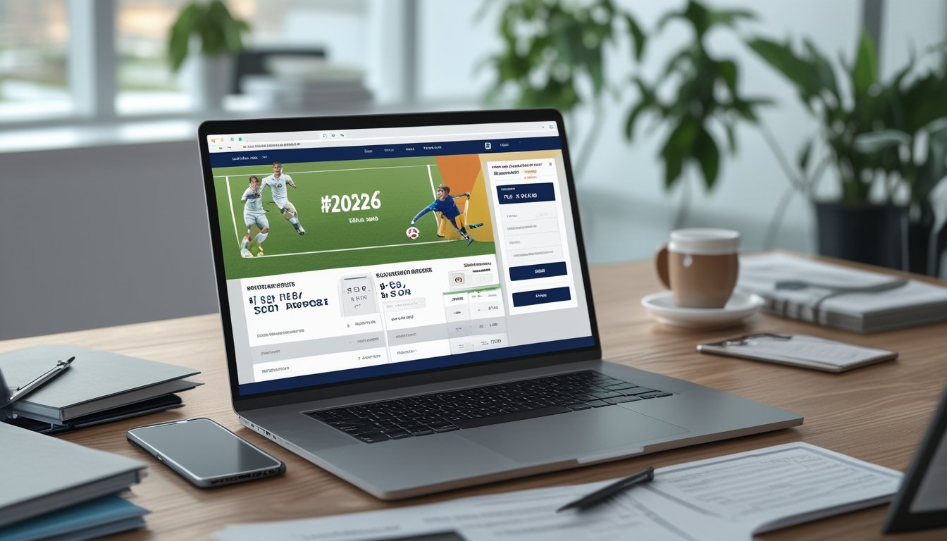 Seorang pria menggunakan laptop di meja kerja dengan tampilan situs taruhan bola online, dikelilingi dokumen dan ponsel, di ruangan terang dengan tanaman hijau.
