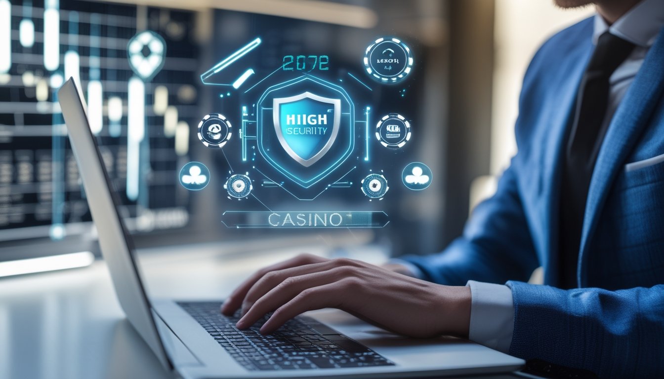 Seseorang menggunakan laptop dengan tampilan antarmuka kasino online yang aman dan modern.