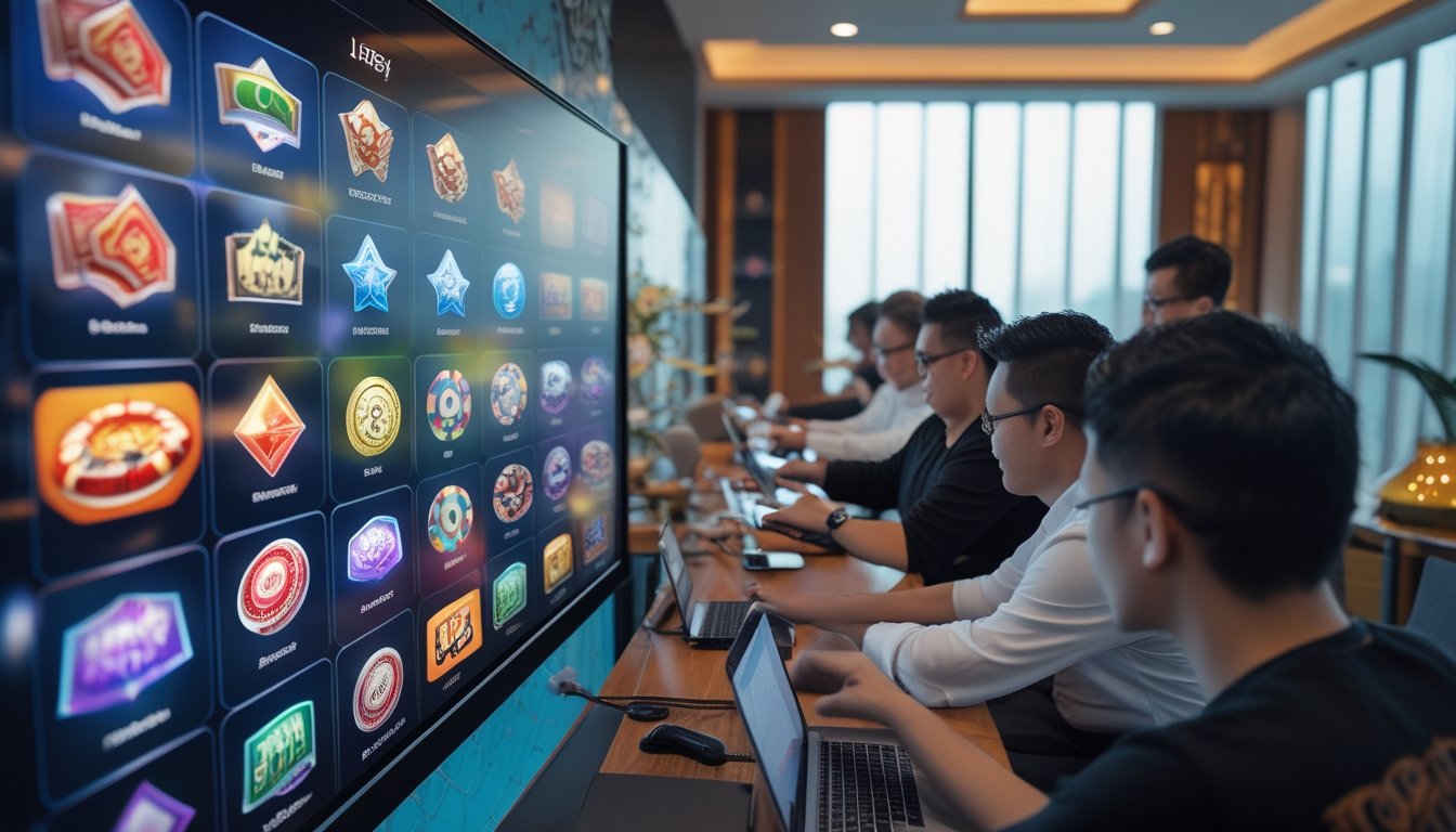 Sekelompok orang Indonesia bermain permainan kasino online dengan berbagai perangkat di ruangan modern yang terang.