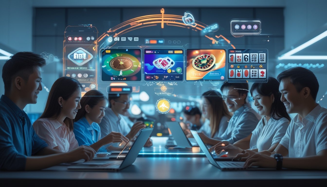 Beberapa orang muda menggunakan perangkat digital untuk bermain permainan kasino online di lingkungan modern dengan elemen teknologi futuristik.
