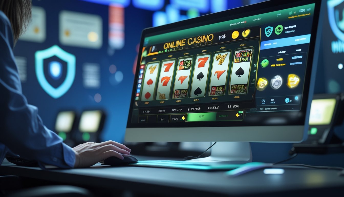 Seseorang menggunakan komputer dengan tampilan kasino online yang berwarna-warni dan elemen keamanan di latar belakang.