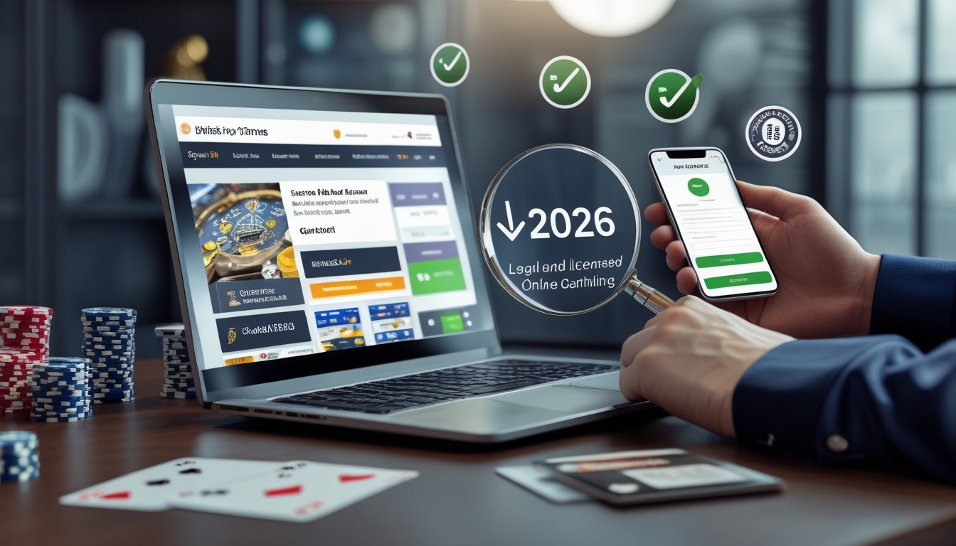 Meja kerja dengan laptop yang menampilkan situs casino online resmi, kartu kredit, dan alat untuk memeriksa lisensi serta keamanan.