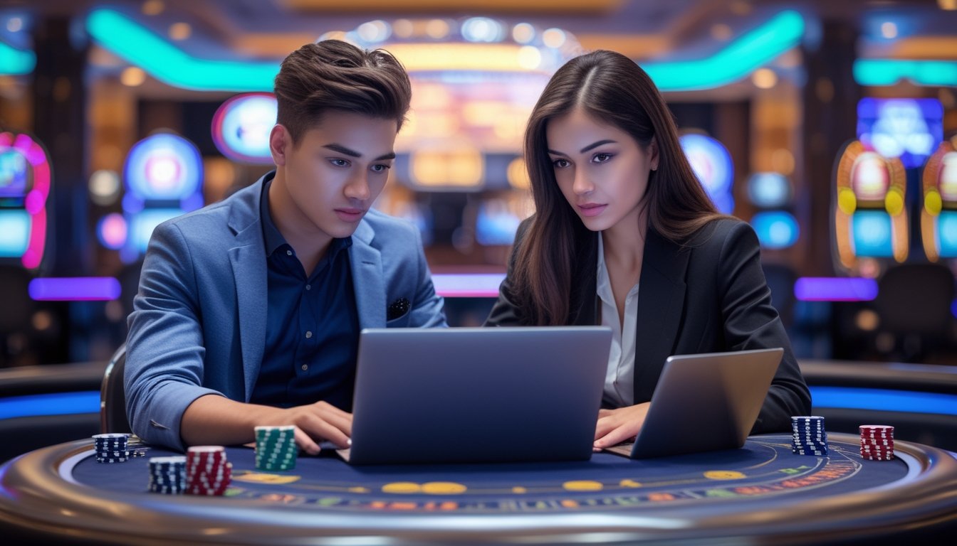 Dua orang sedang duduk di meja casino dengan laptop dan kartu, fokus merencanakan strategi menang di situs casino online.