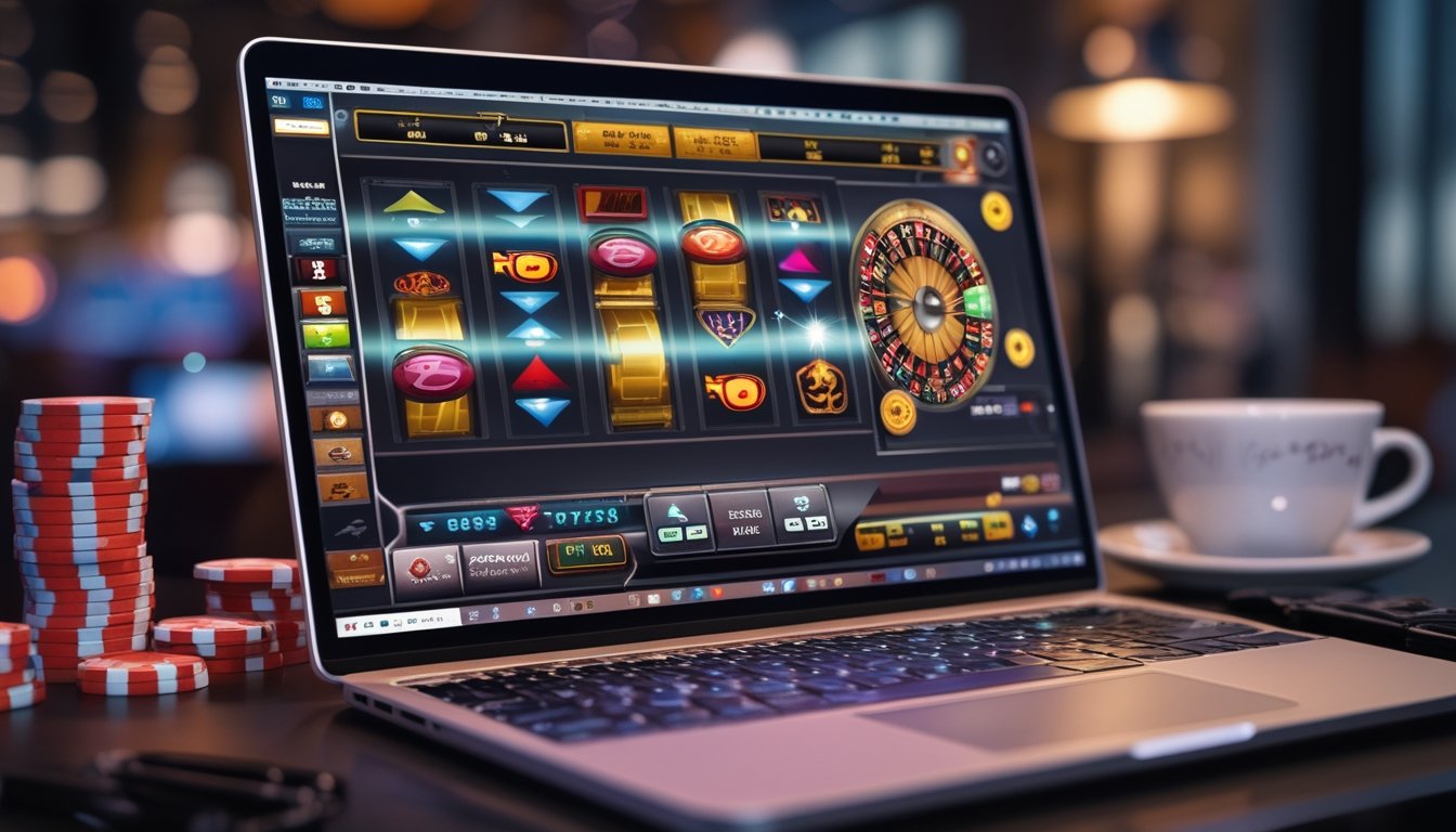 Seorang pemain sedang menggunakan laptop dengan tampilan permainan kasino online, di meja terdapat tumpukan chip poker dan buku catatan strategi.