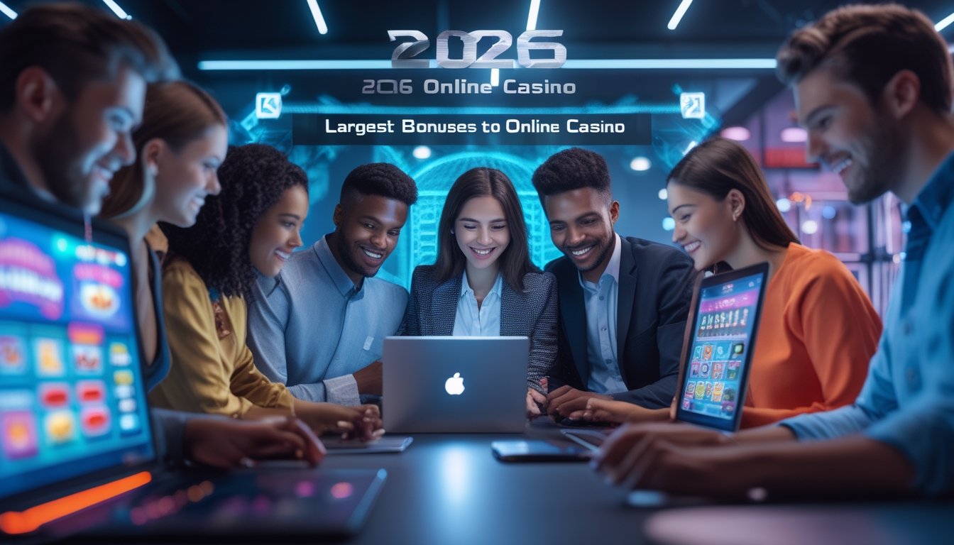 Sekelompok orang muda berkumpul di sekitar laptop dan perangkat digital dengan tampilan permainan kasino online yang berwarna-warni di ruangan yang terang dan modern.