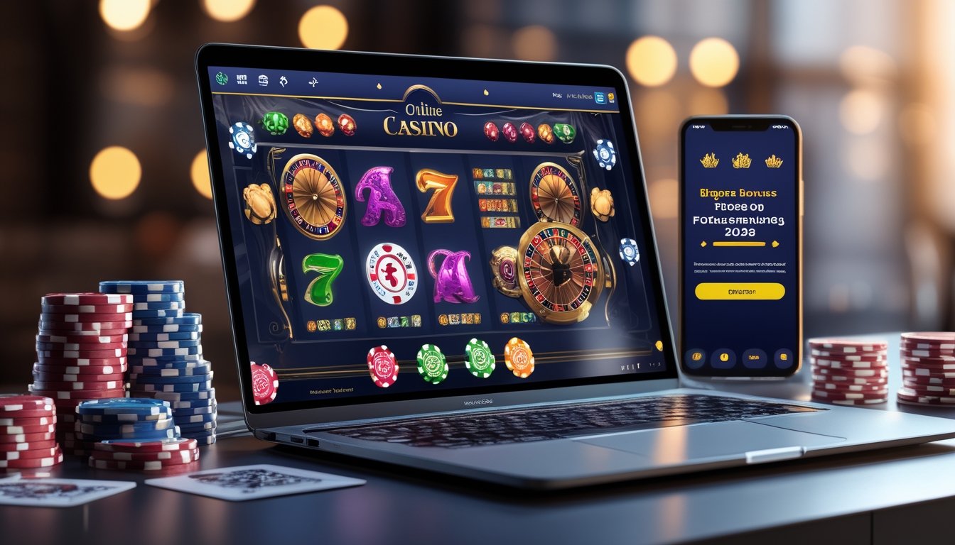 Seorang pengguna sedang melihat layar komputer dengan tampilan permainan kasino online dan chip poker di sekitarnya.