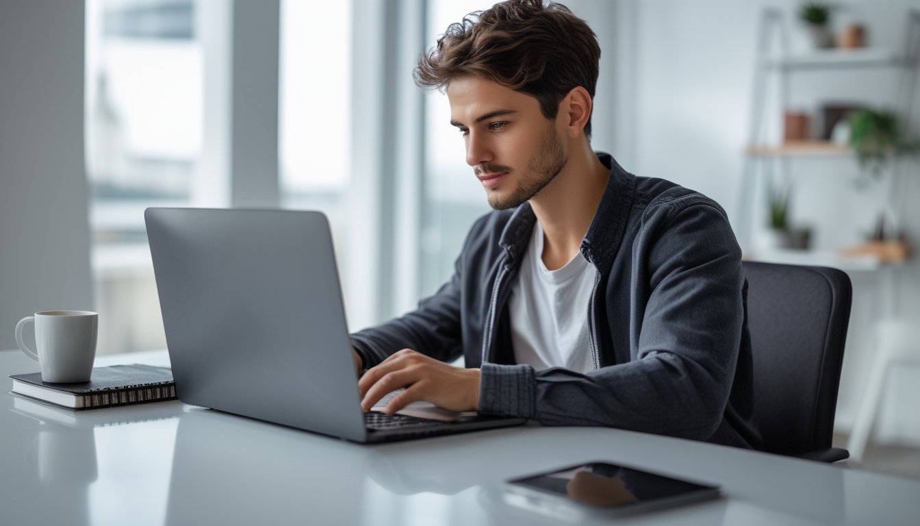Seseorang duduk di meja dengan laptop, fokus mendaftar dan memverifikasi akun secara online.