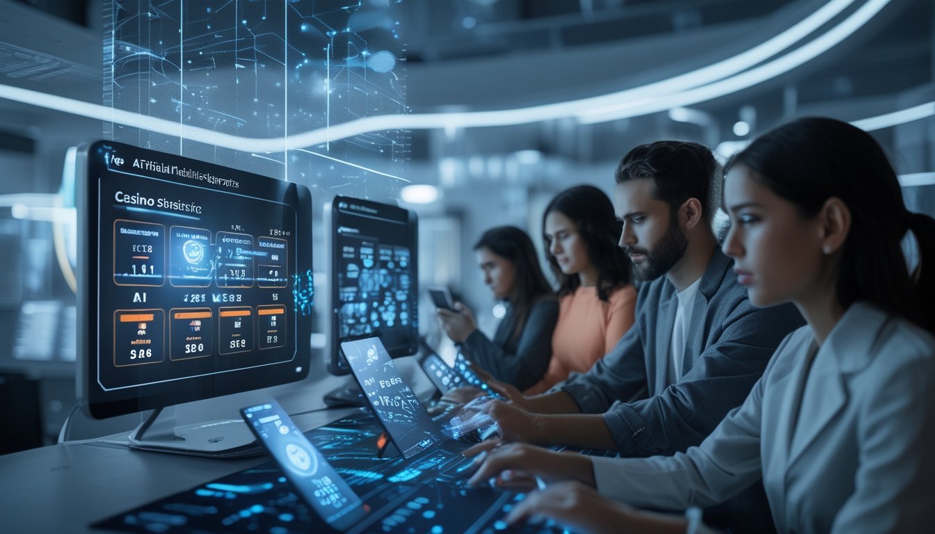 Pengguna sedang berinteraksi dengan antarmuka digital futuristik di platform kasino online dengan elemen teknologi canggih dan pola jaringan saraf yang menyala.
