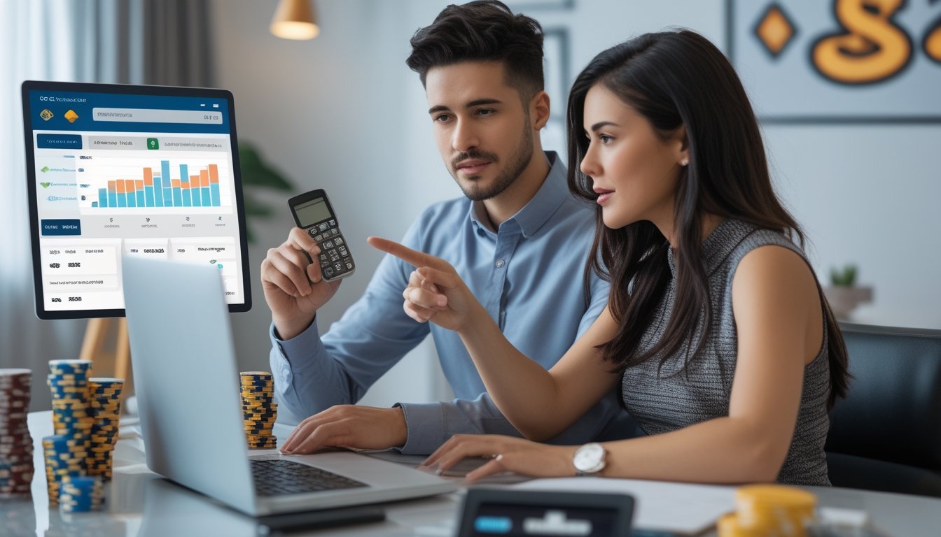 Seorang pria dan wanita duduk di meja dengan perangkat digital, mengatur keuangan saat bermain kasino online.